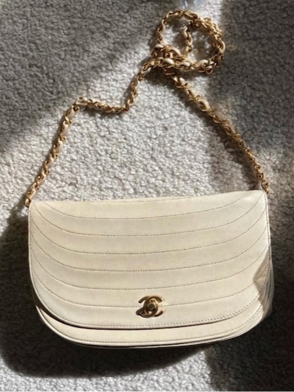 CHANEL Cream Half Moon Shoulder Bag with Gold Chain Strap